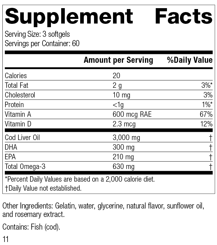 Cod Liver Oil, 180 Softgels Cod Liver Oil, 180 Softgels, Rev 11 Supplement Facts
