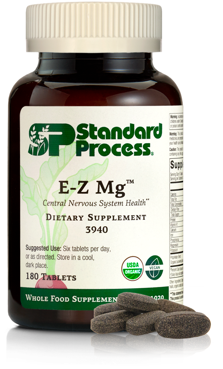 E-Z MG™-Organic, 180 Tablets Image of E-Z Mg bottle next to tablets of magnesium supplements.