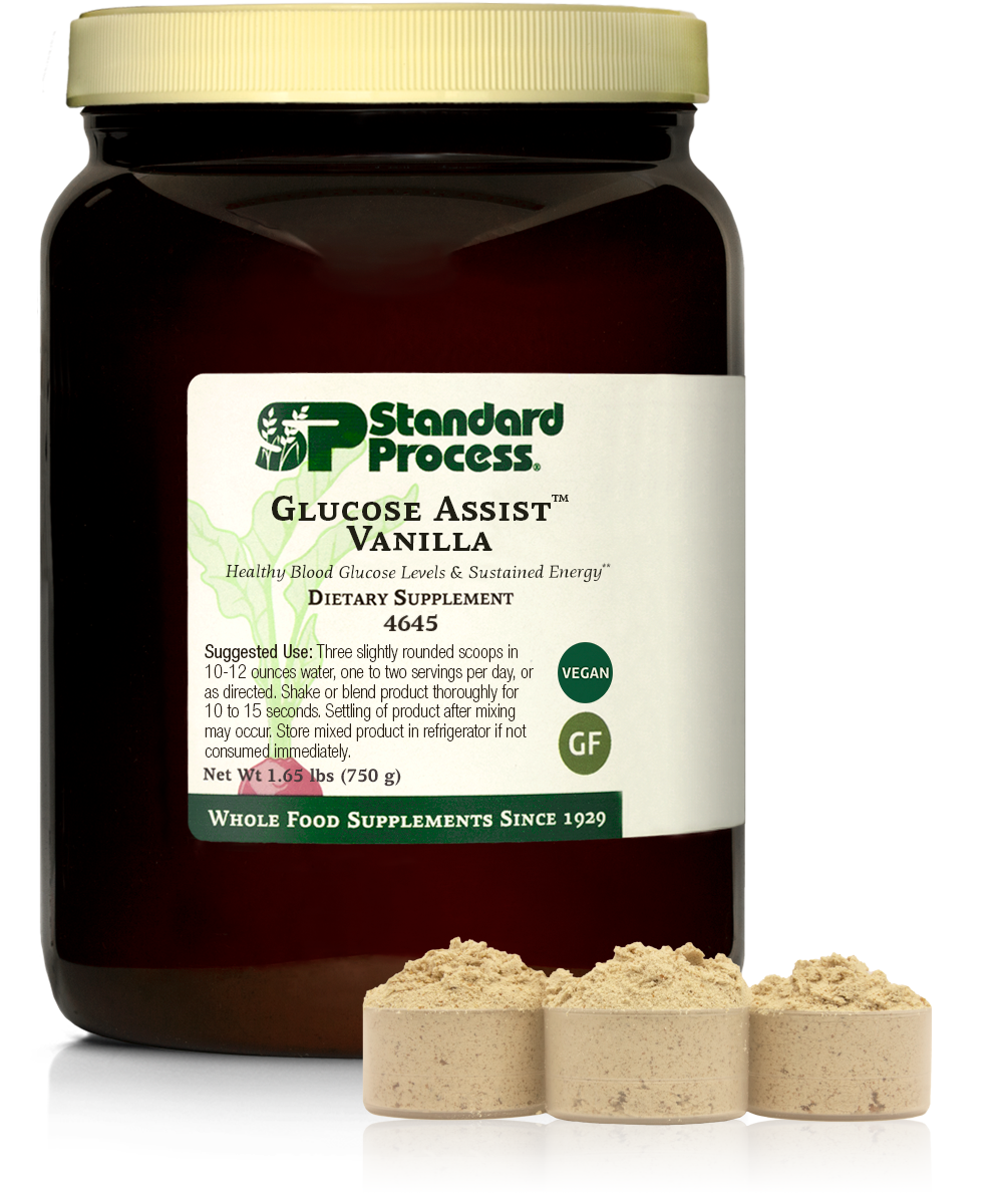 Glucose Assist™ Vanilla,1.65 lbs (750 g) Glucose Assist Vanilla jug next to three scoops of powder
