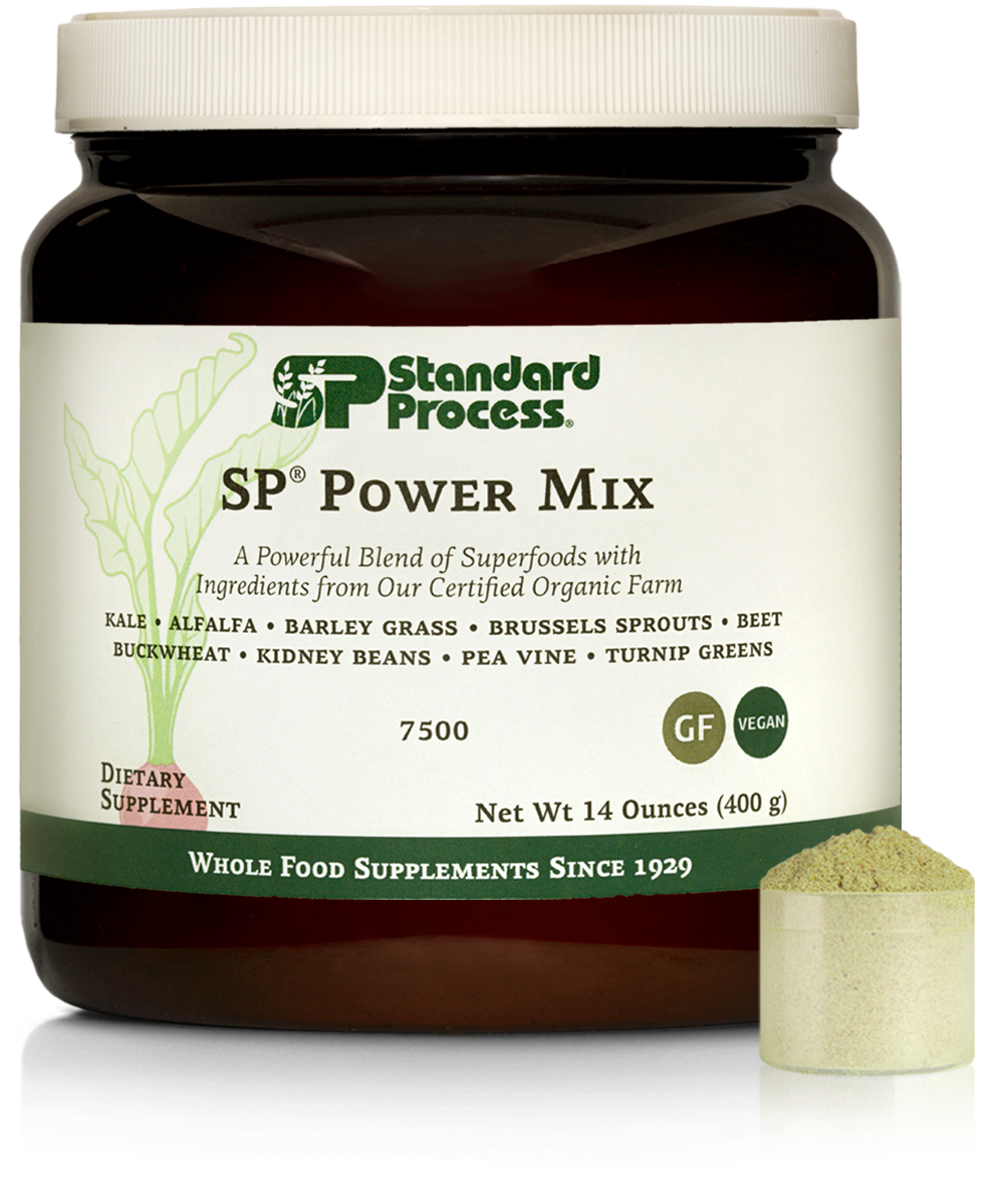 SP® Power Mix 14 oz (400 g) Tub of SP Power Mix next to a scoop of the green powder.