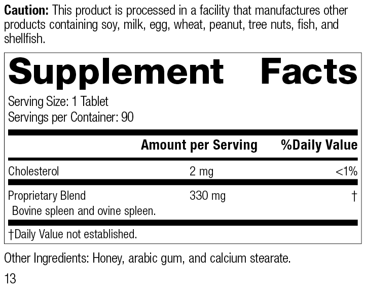Spleen Desiccated, 90 Tablets 7600 Spleen Desiccated R13 Supplement Facts