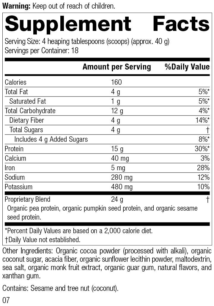 Veg-E Complete Pro™ Chocolate-Organic, 26 oz (737 g) Veg-E Complete Pro™ Chocolate, 26 Ounces, Rev 07 Supplement Facts
