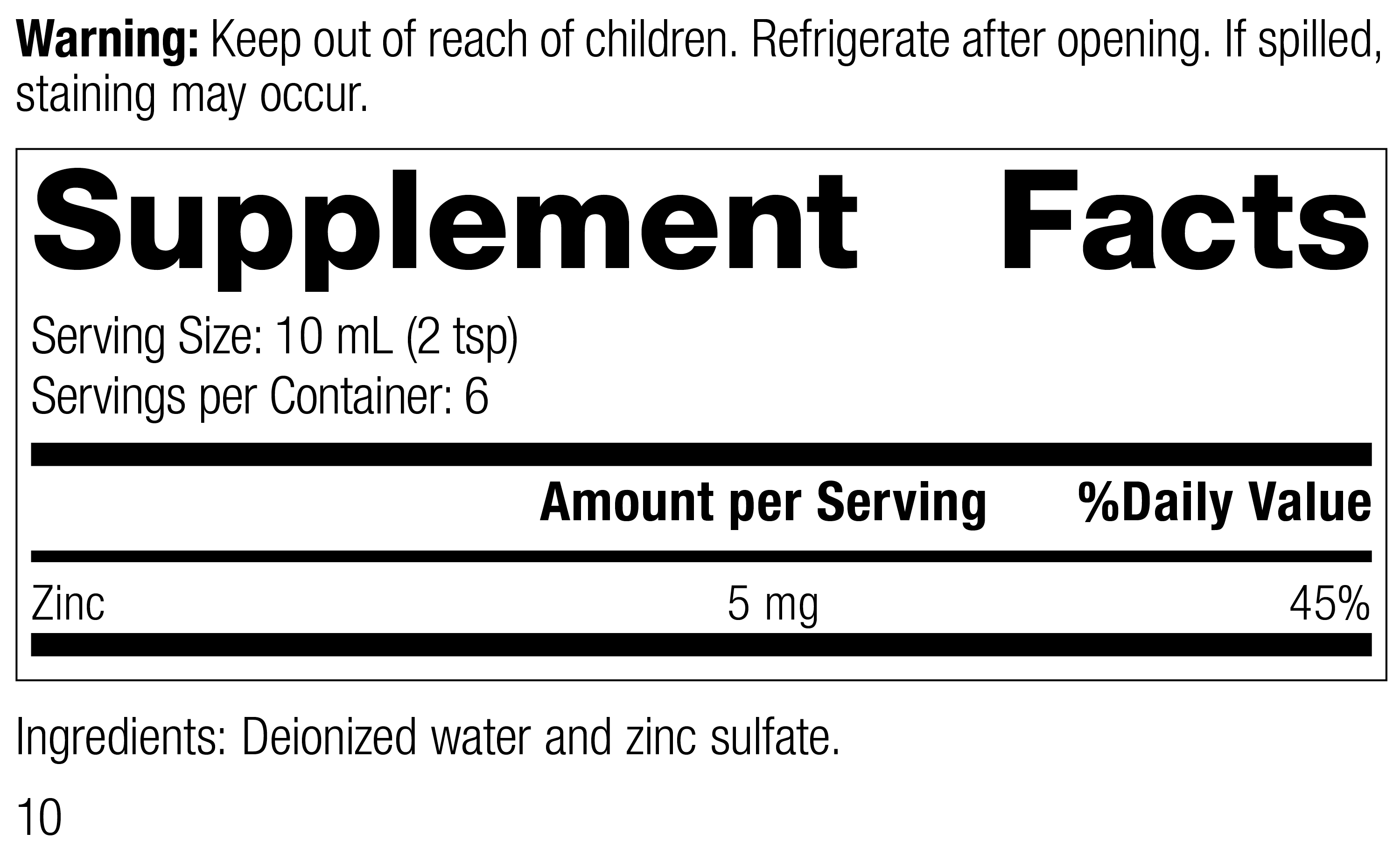 Zinc Test™, 2 fl. oz. (60 mL) 8360 Zinc Test R08 Supplement Facts
