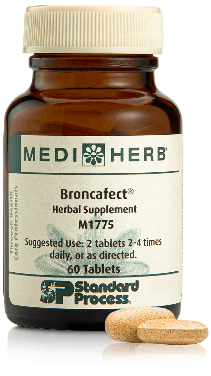 Broncafect®, 60 Tablets A bottle of Broncafect herbal supplement next to a tablet.