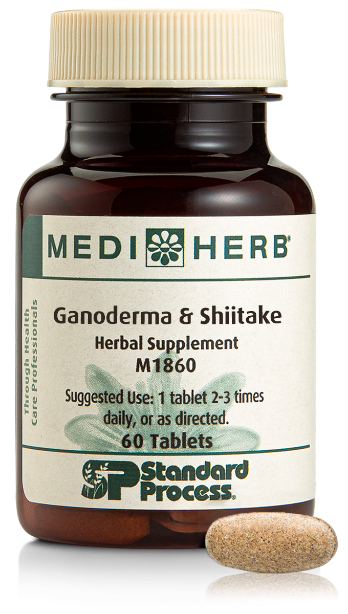 Ganoderma & Shiitake, 60 Tablets A bottle of Ganoderma & Shiitake herbal supplement next to a tablet.