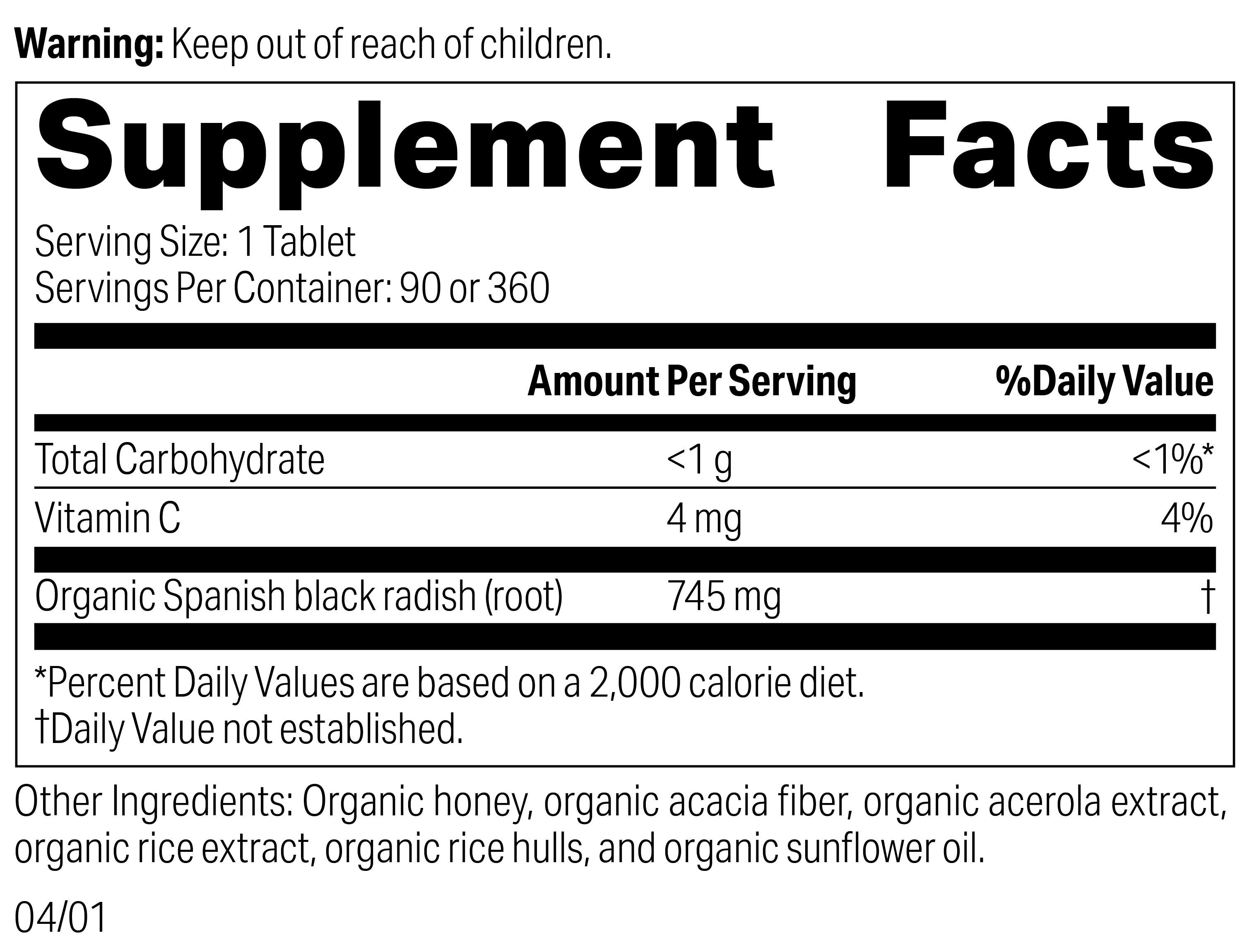 Spanish Black Radish, 20 Tablets, Rev 04 Supplement Label