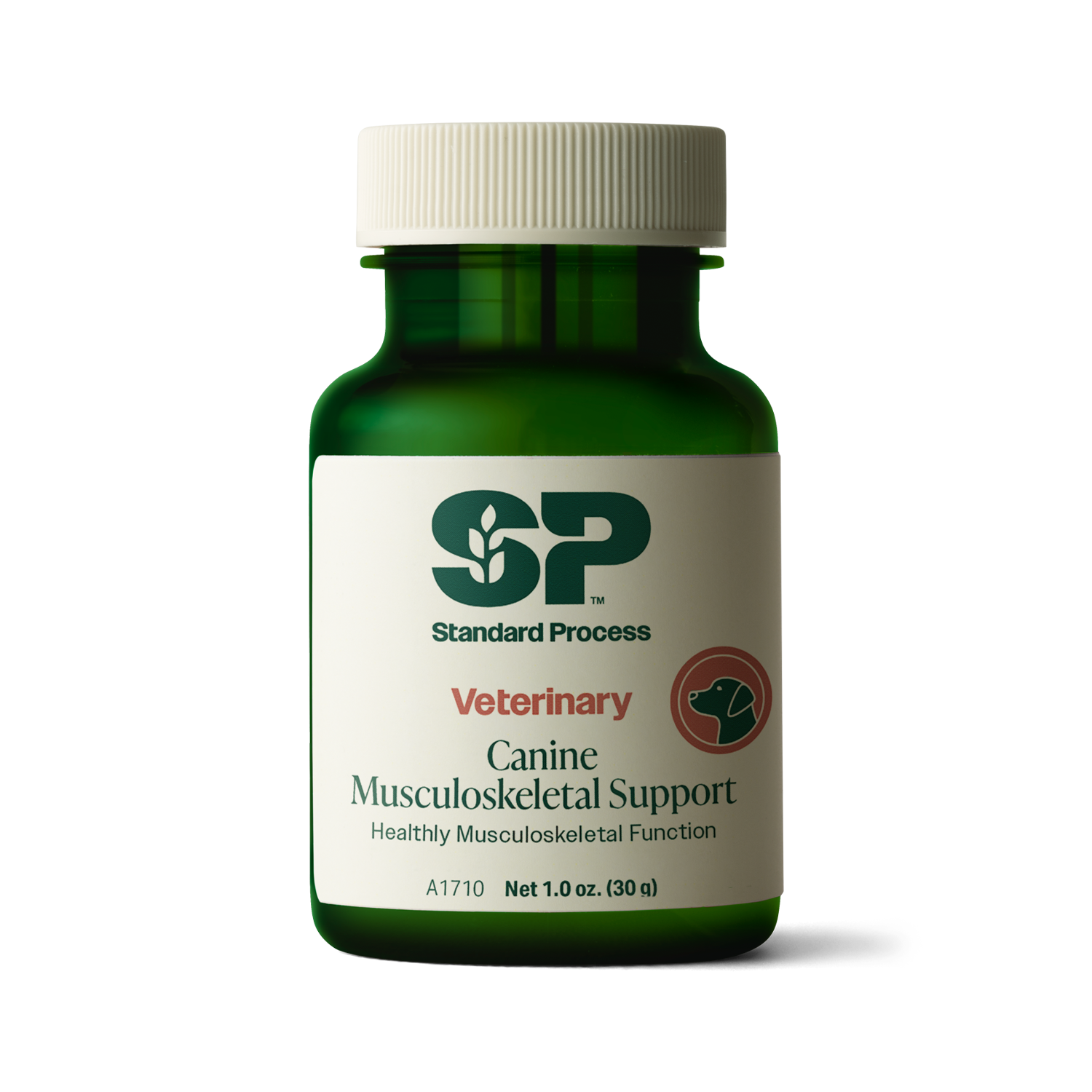 A bottle of Canine Musculoskeletal Support, a powder supplement for dogs’ muscles, ligaments and bone health, next to an image of the powder supplement.