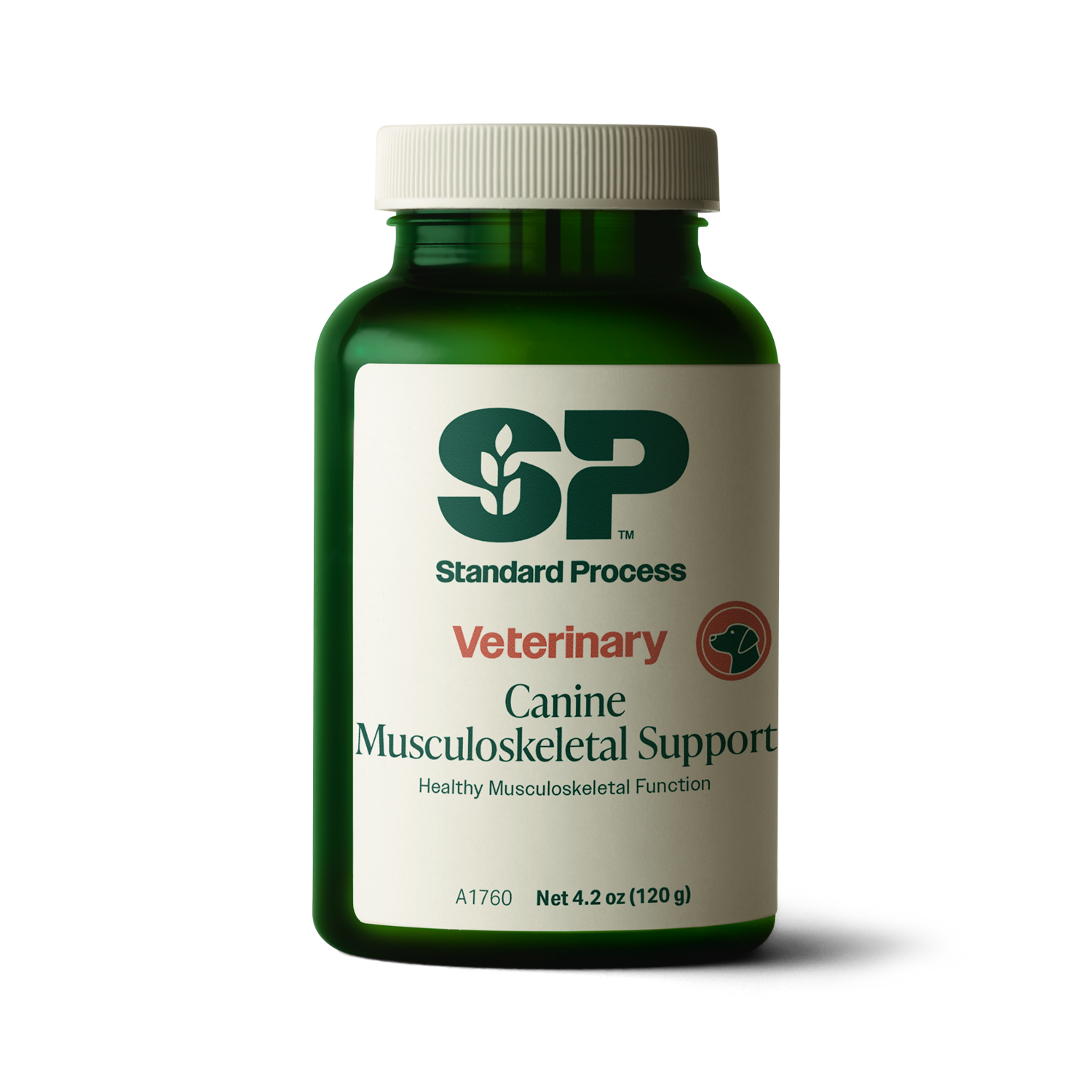 A bottle of Canine Musculoskeletal Support, a powder supplement for dogs’ muscles, ligaments and bone health, next to an image of the powder supplement.